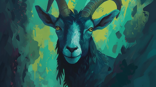 A blue and green illustration of a goat