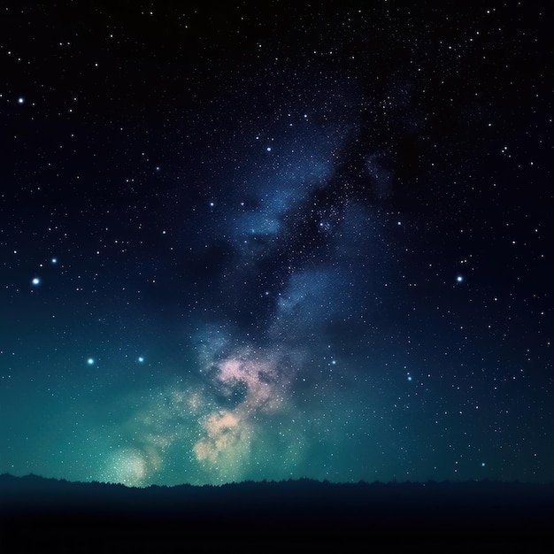 A blue and green night sky with a milky way in the center.