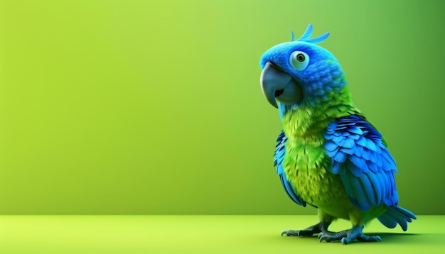 Blue and Green Parrot Standing Against a Green Background