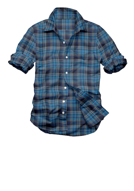 A blue and green plaid shirt is hanging on a white background.