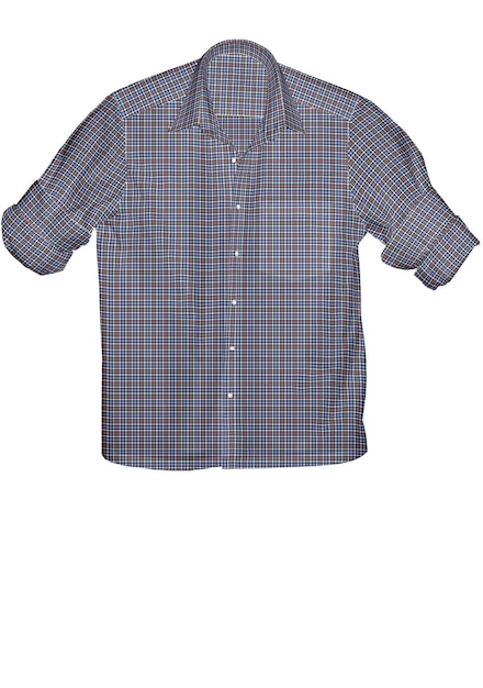 A blue and green plaid shirt with a white background