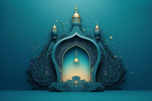 A blue and green poster with a mosque and a light that says eid al fitr generative ai