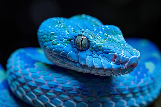 a blue and green snake with a ball in its mouth