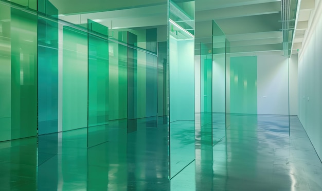 Blue and green transparent glass walls in art museum or openspace office background