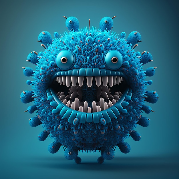 A blue and green virus with a blue face and teeth.