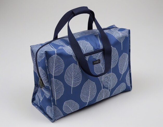 a blue and grey bag with a design on it