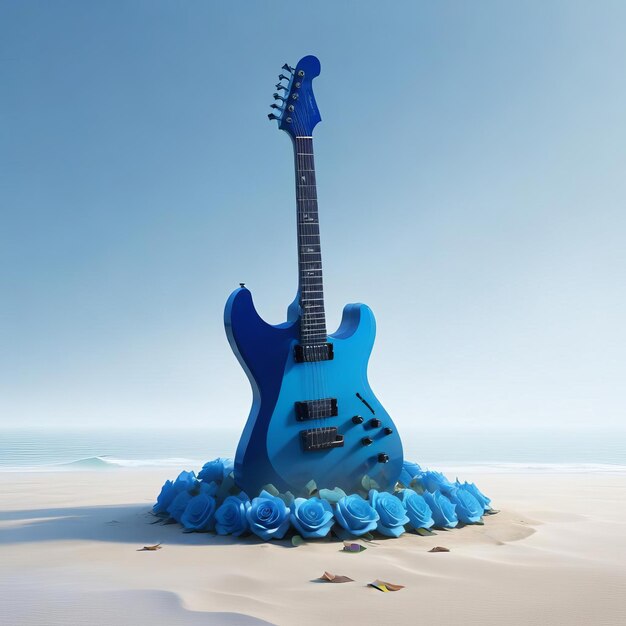 Photo blue guitar on a dreamy beach of roses