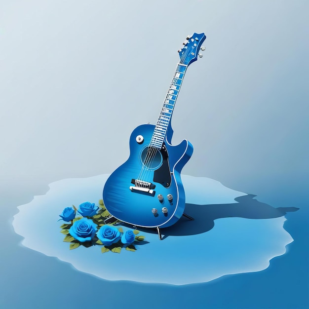 Photo blue guitar on a dreamy beach of roses