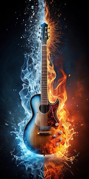 a blue guitar in flames