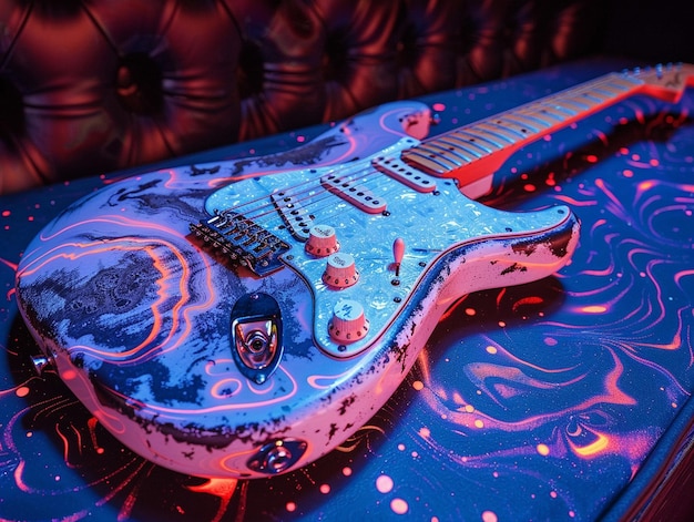 Photo a blue guitar with a design on it sits on a table