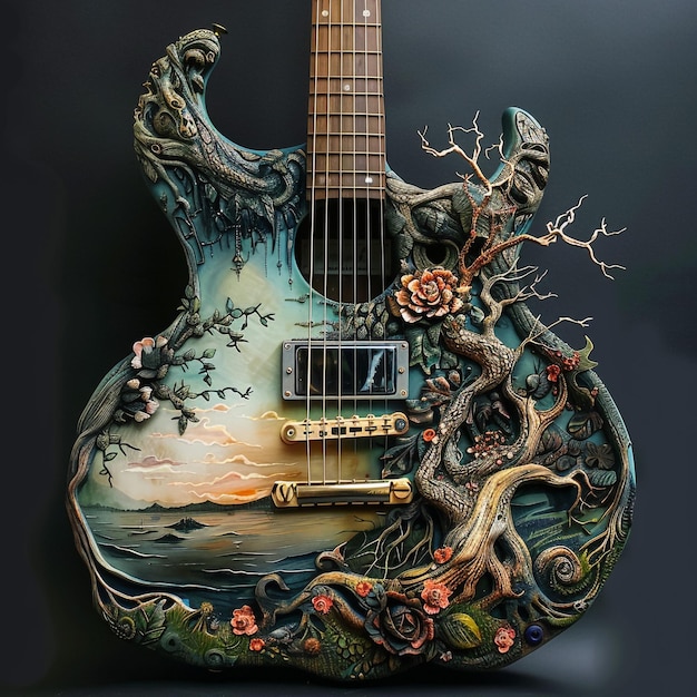 Photo a blue guitar with a painting of a tree and the word  love  on it