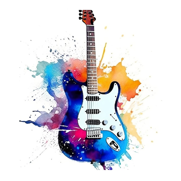 A blue guitar with a splash of paint on it generative ai image