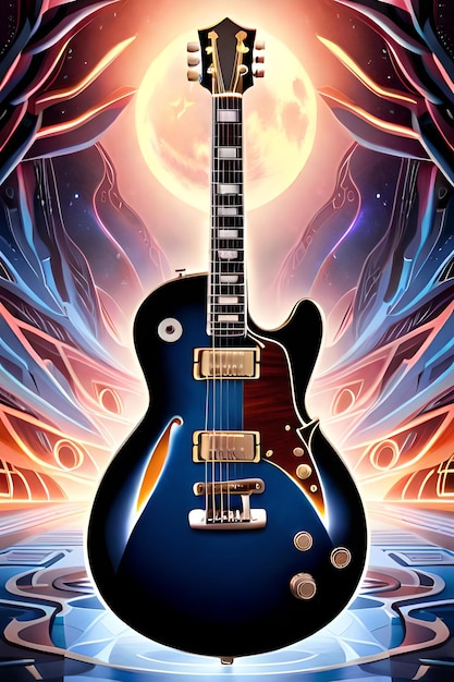 A blue guitar with the word music on it