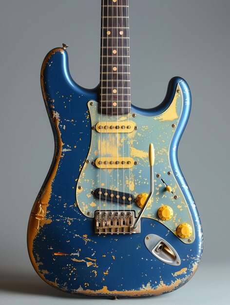 Photo a blue guitar with a yellow and blue body and a black plastic label