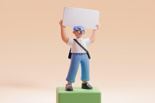 Photo blue haired 3d character holding a white board on a green platform