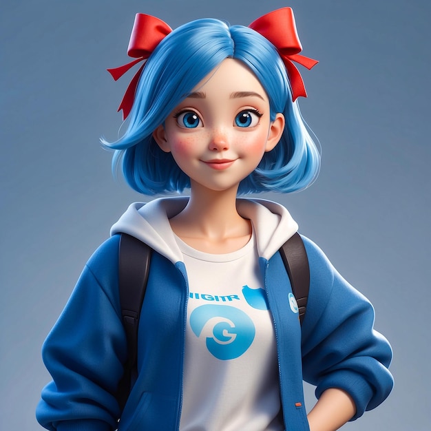 Blue Haired Girl Wearing Red Bow And Backpack Generated By AI