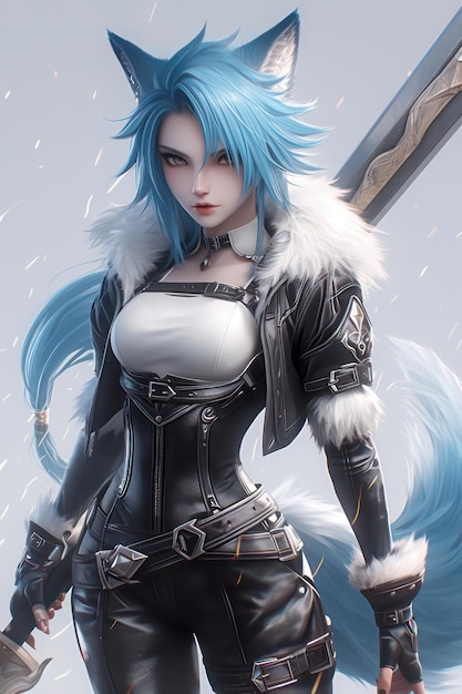 Blue haired wolf girl holding a sword