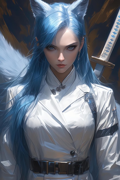 Blue haired wolf girl holding a sword