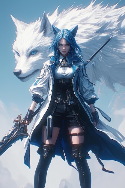 Blue haired wolf girl holding a sword