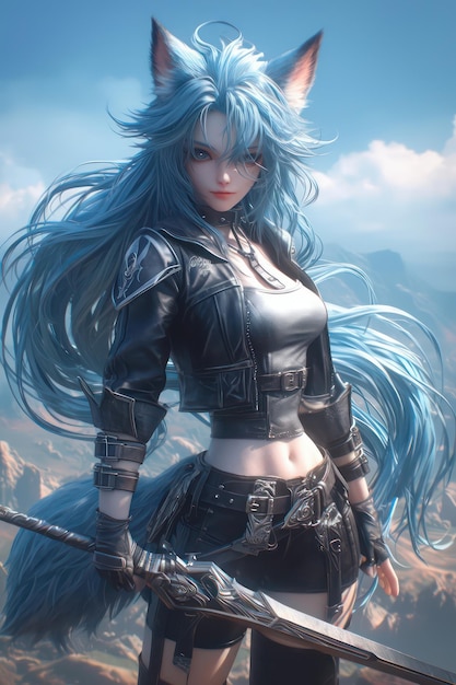 Blue haired wolf girl holding a sword