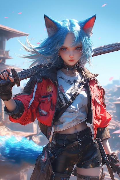 Blue haired wolf girl holding a sword