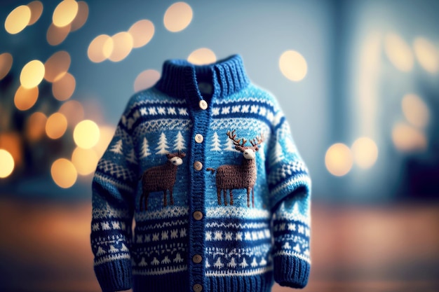 Blue handknitted sweater with christmas pattern wool clothing on blurry background