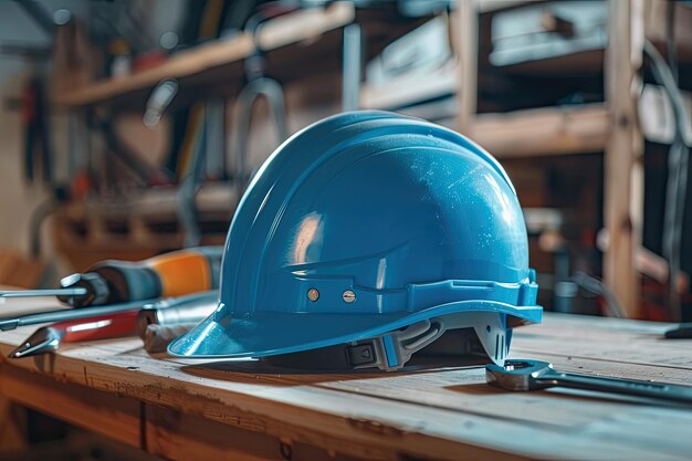 a blue hard hat is on a table with tools and tools