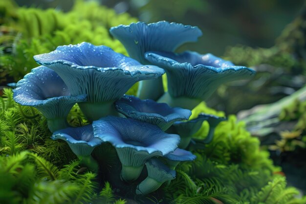 Photo blue hat of oyster mushrooms growing on green moss close up