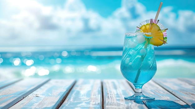 Blue hawaii cocktail on white wooden table with blue sea and sky background