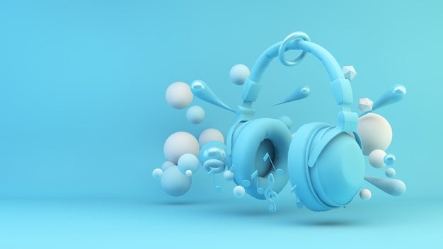 Blue headphones surrounded by geometrical spheres background 3d rendering