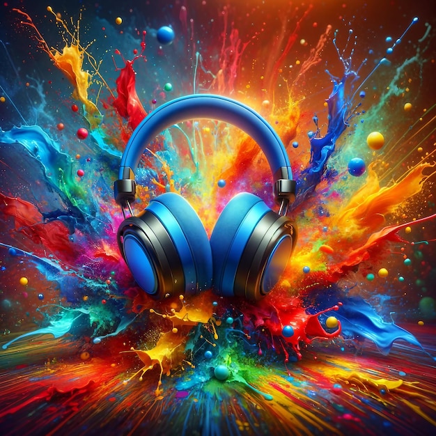 Blue headphones with colorful paint splash world music day