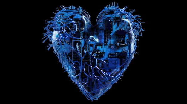 A blue heart with circuit board in the middle