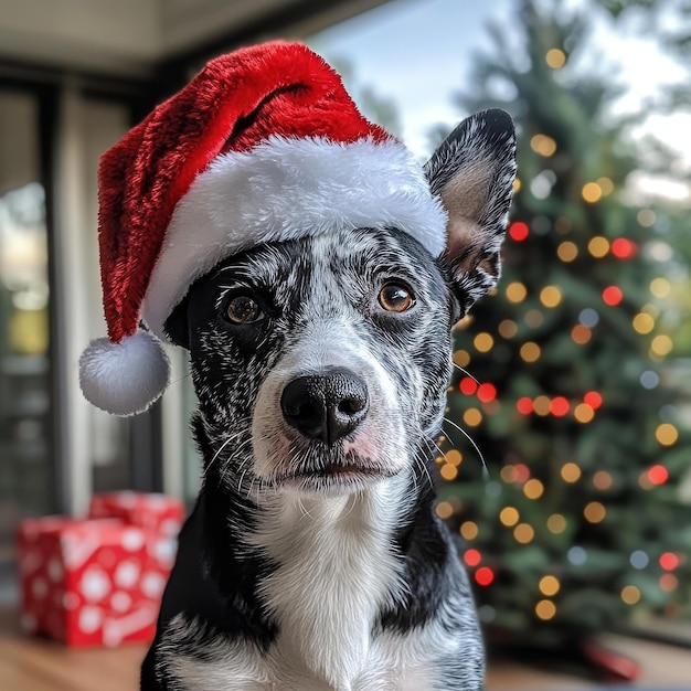 Photo blue heeler wearing a santa hat with pointy ears sticking up and christmas tree in the background v