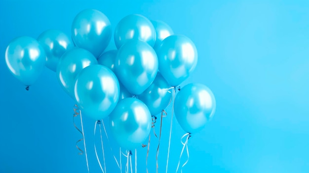 Blue helium party balloons floating on a blue background Generative AI