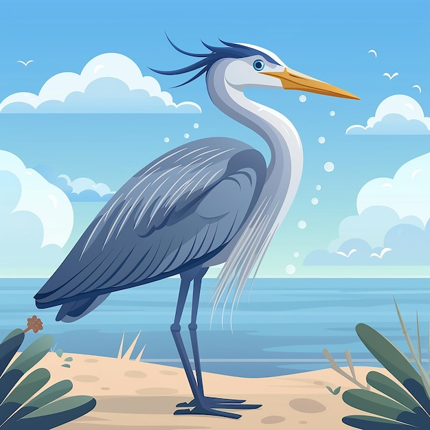 a blue heron is standing on a beach with the ocean in the background