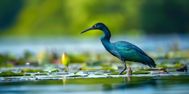 A Blue Heron with a Green Body Walking on a Lily Pad in a Lake Concept Nature Wildlife Bird Watching Aquatic Plants Lake Ecosystem