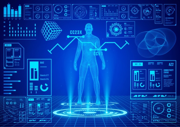 Photo blue hologram hud ui human body scanning interface health analysis app screen infographic futuristic medicine concept