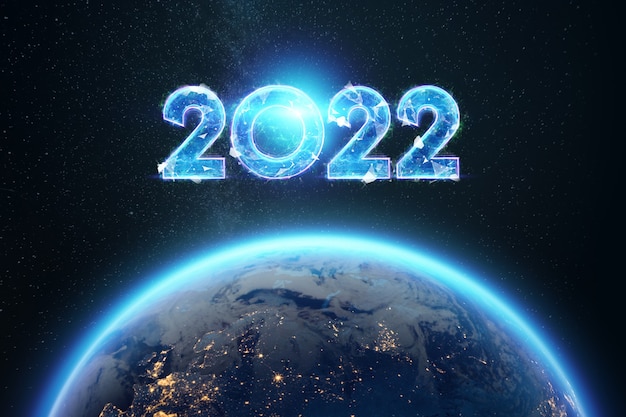 Blue hologram of the numbers 2022 over the planet earth. Happy New Year. Modern design, Template, header for the site, poster, New Year's card, flyer. 3D illustration, 3D render.