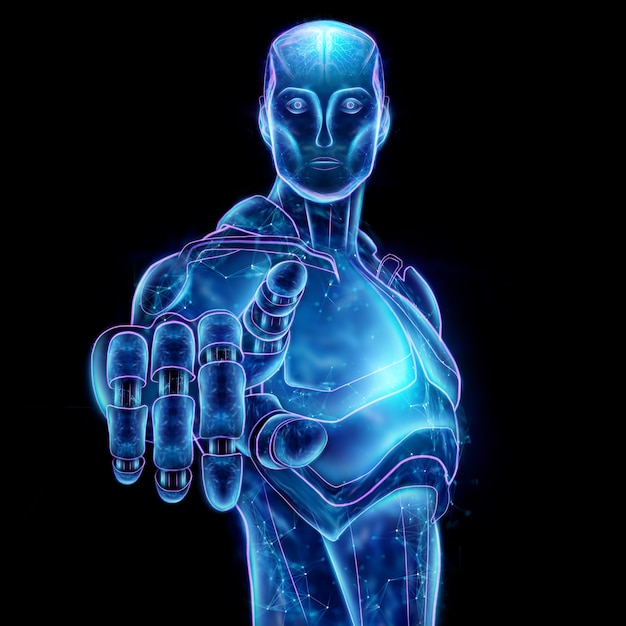 Blue Hologram of a robot, artificial intelligence. Concept neural networks, autopilot, robotization, industrial revolution 4.0. 3D illustration, 3D rendering.