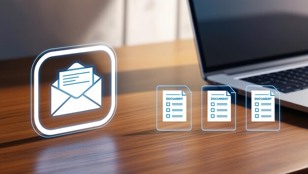 Photo a blue holographic envelope with a document inside sits on a wooden desk with three holographic documents with checkboxes next to it a laptop computer in the background