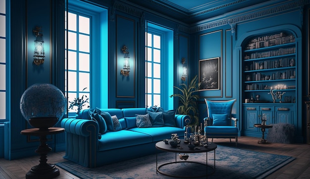 Blue home decor living room interior design AI Generated image