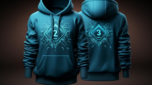 a blue hoodie with a design on it