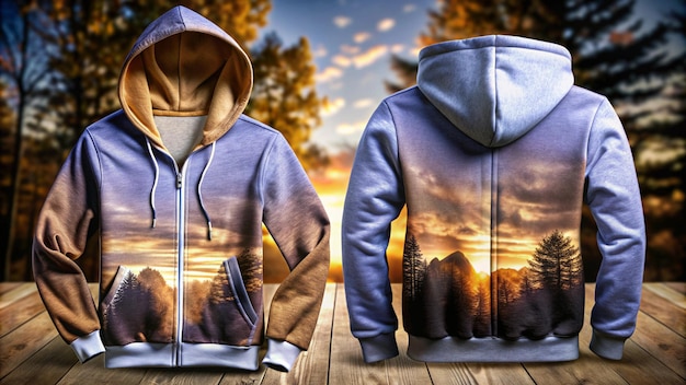 a blue hoodie with mountains on the back