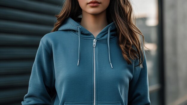 a blue hoodie with a zipper that says fashion