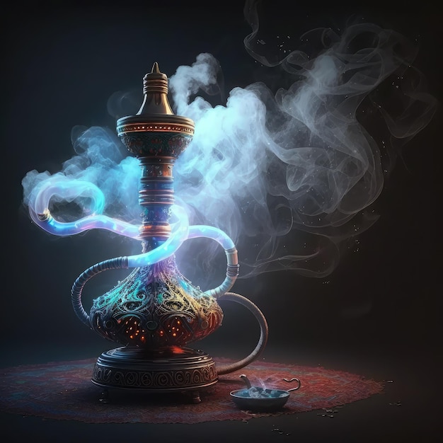 A blue hookah with a smoke coming out of it.