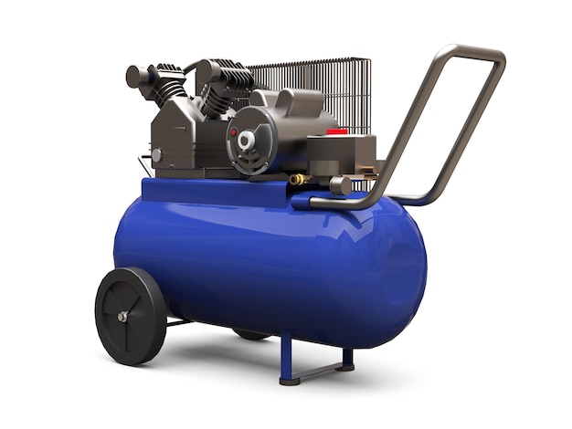 Blue horizontal air compressor isolated on a white background. 3d illustration.