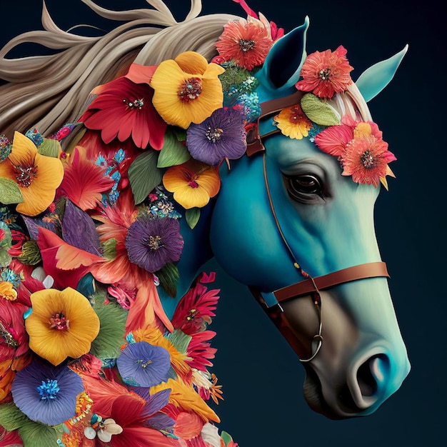 A blue horse with a floral head on it