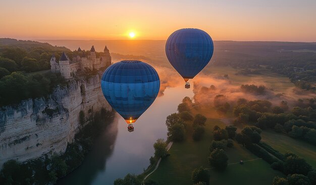 Blue hot air balloons with medieval dragons soar over Chateau de Credil at sunrise near Lake Helene