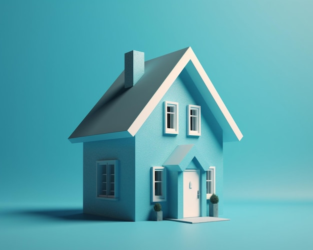 A blue house with a black roof and a white door