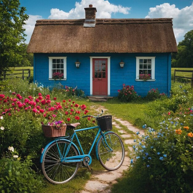 Photo a blue house with a blue bike and flowers in front of it